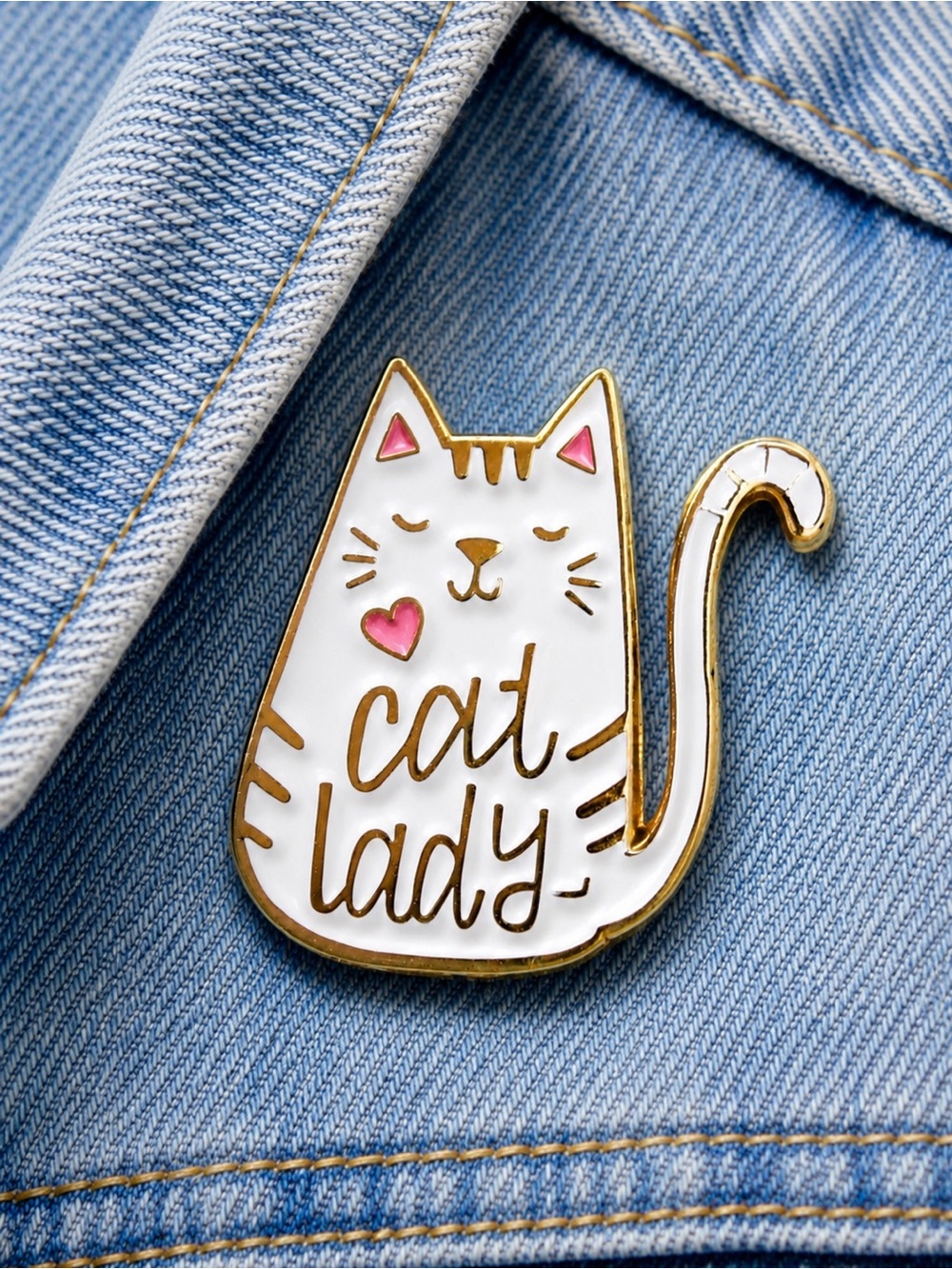 Cat Lady Enamel Pin White Gold Cute Cat Lover Brooch Gift NWT